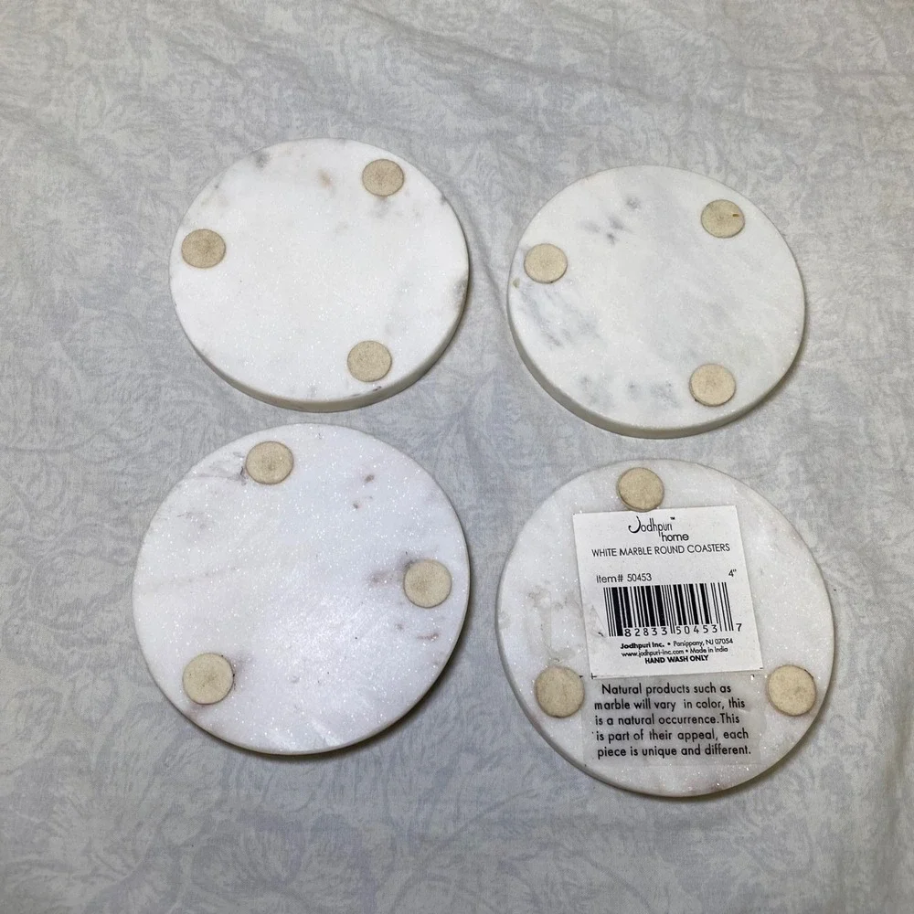 Jodhpuri Home White Marble Round Coasters Set of 4 Natural Stone 4 Inch